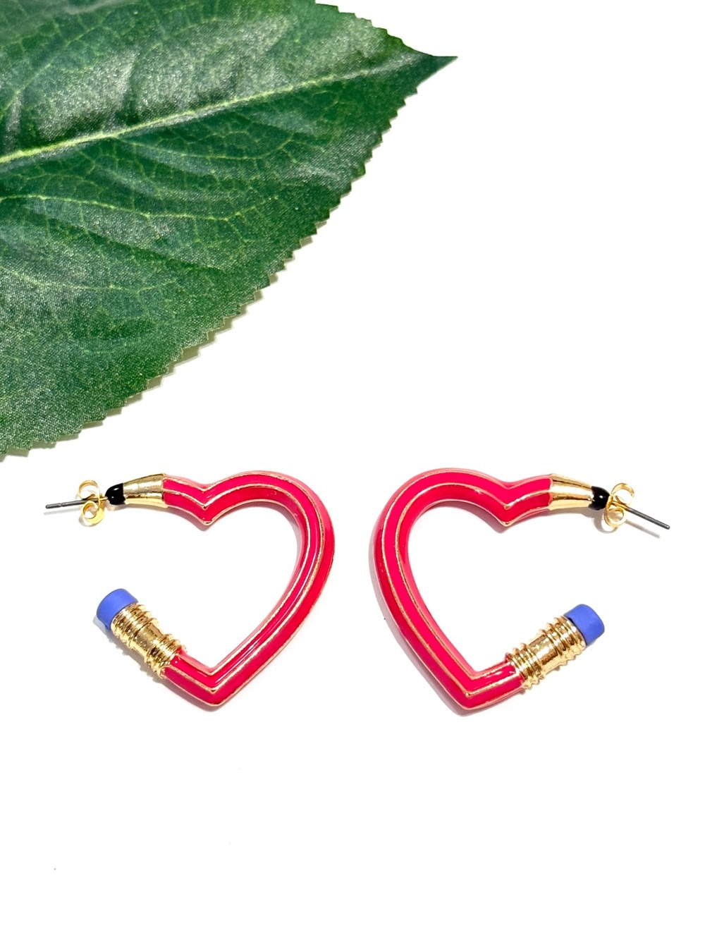 Pink Heart-Shaped Pencil Hoop Earrings NWT
